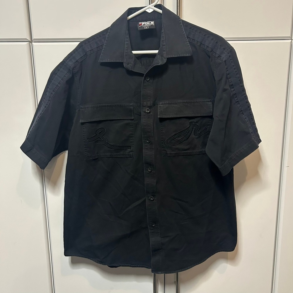 Southpole Mens Black Short Sleeve Button Down Shirt Embroidered Y2K Streetwear L